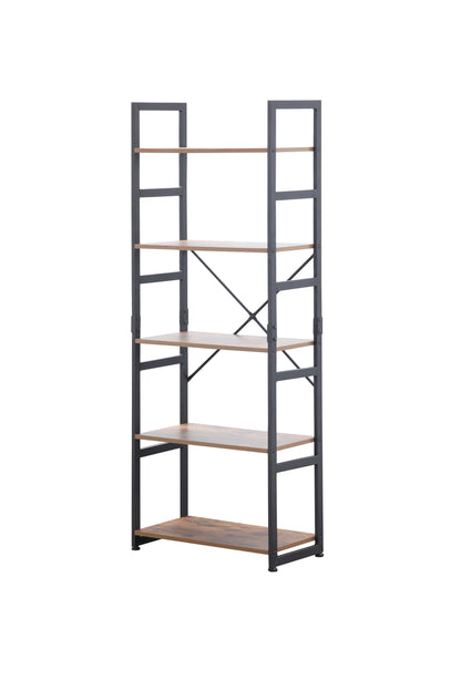 Ladder Shelf Bookcase 5 Tiers | Bookshelf with Open Storage, Metal Frame with Wood Board | Rustic + Black