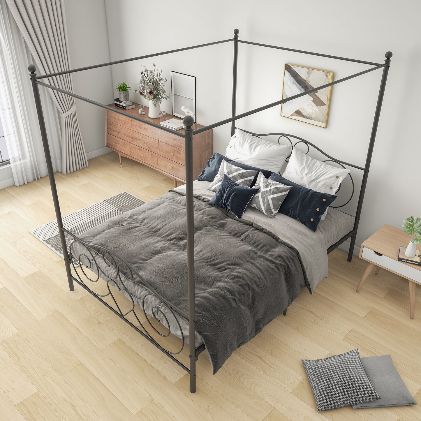 Canopy Metal Bed Frame with Vintage Style Headboard & Footboard ，Easy DIY Assembly All Parts Included, Queen Black（same as W84036133）