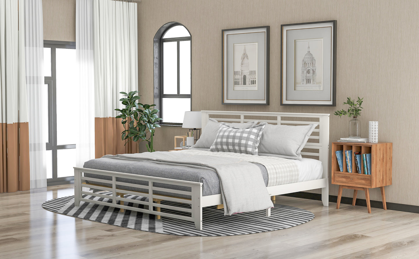 Platform bed with horizontal strip hollow shape, King size, white （New）