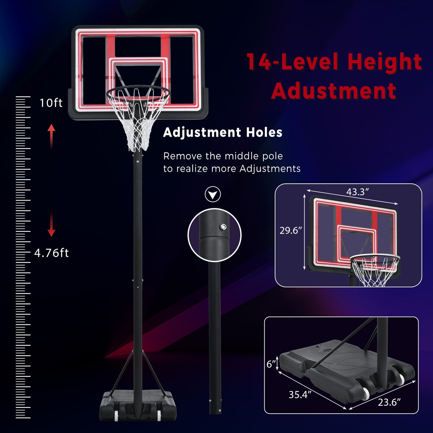 Portable Basketball Hoop Basketball System 4.76-10ft Height Adjustment for Youth Adults LED Basketball Hoop Lights, Colorful lights, Waterproof，Super Bright to Play at Night Outdoors,Good Gift for Kid