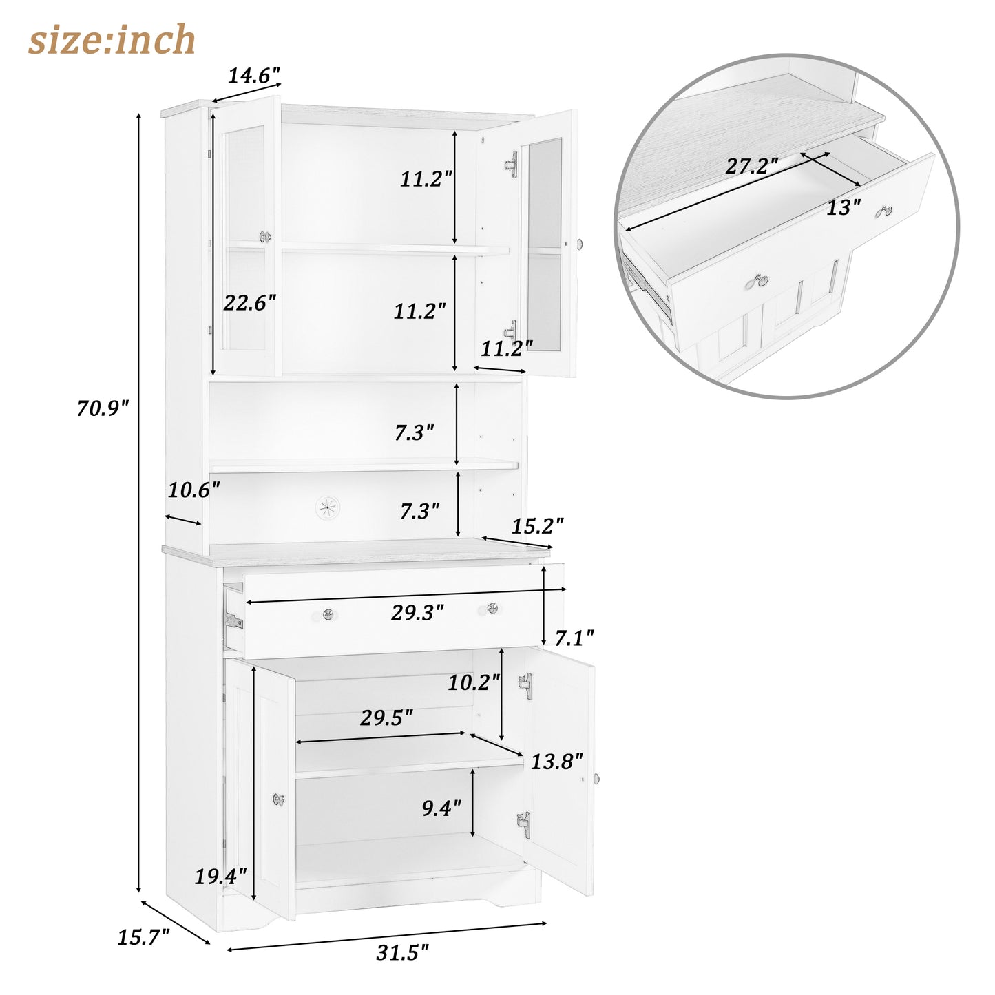 TREXM 70.9" Multifunctional Pantry Cabinet MDF Storage Cabinet with Glass Doors, A Large Drawer and Adjustable Shelves (Antique White)