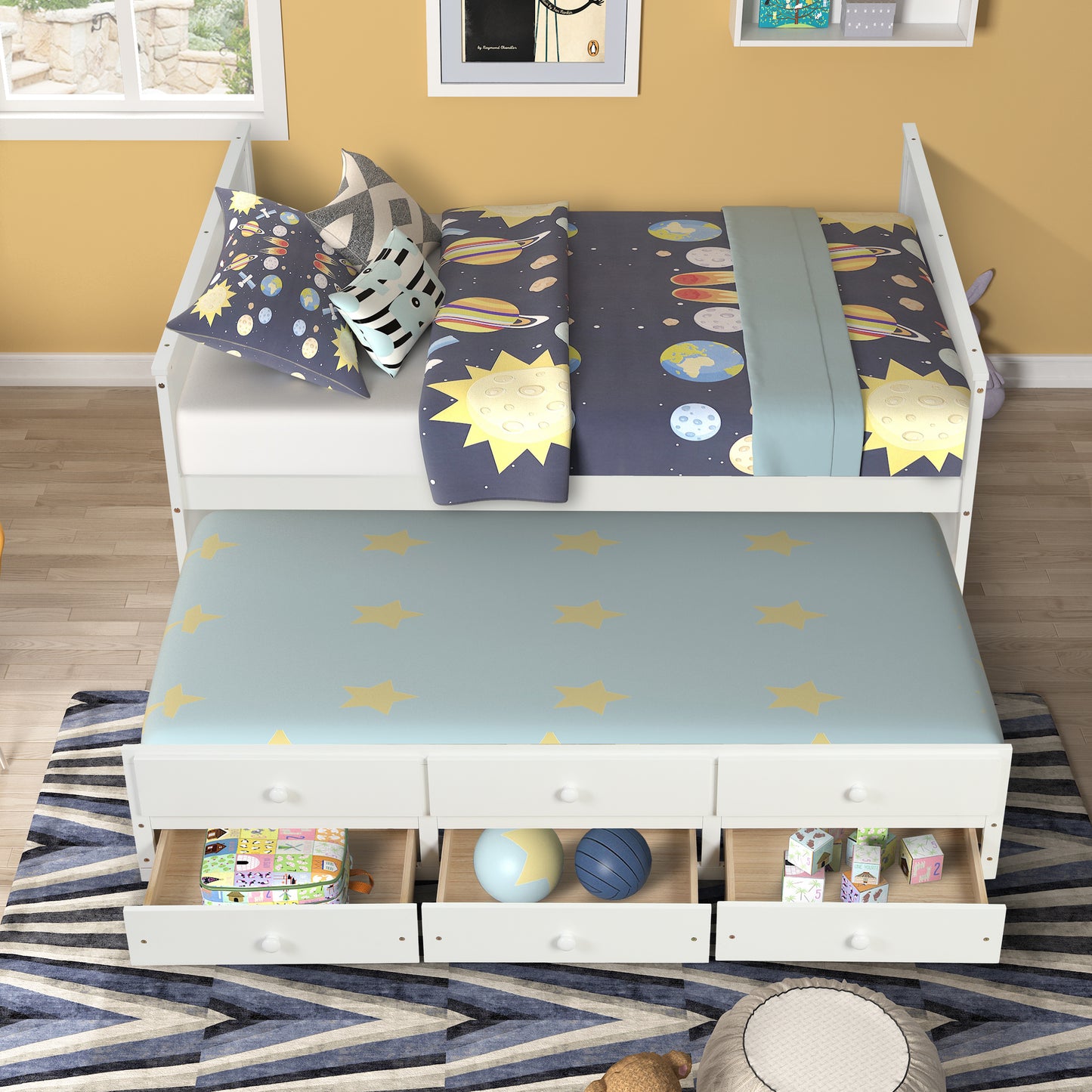 Full Captain Bed With Twin Size Trundle And 3 Drawers Made  By Solid Wood