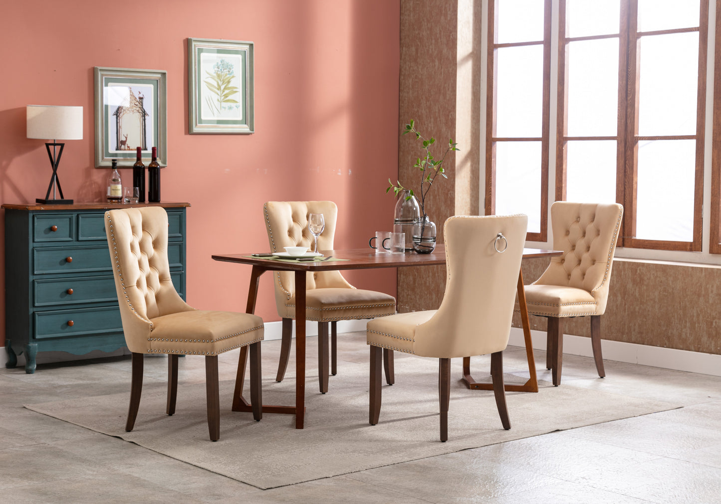 Upholstered Button Tufted Back Pink Velvet Dining Chair with Nailhead Trim and Solid Wood Legs 2 Sets