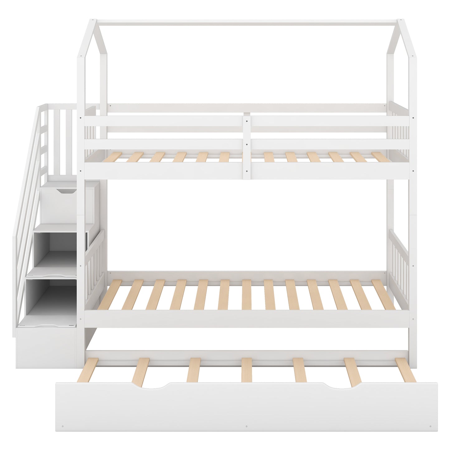 Multifunctional Twin over Twin House Bunk Bed with Staircase and Storage Space,White