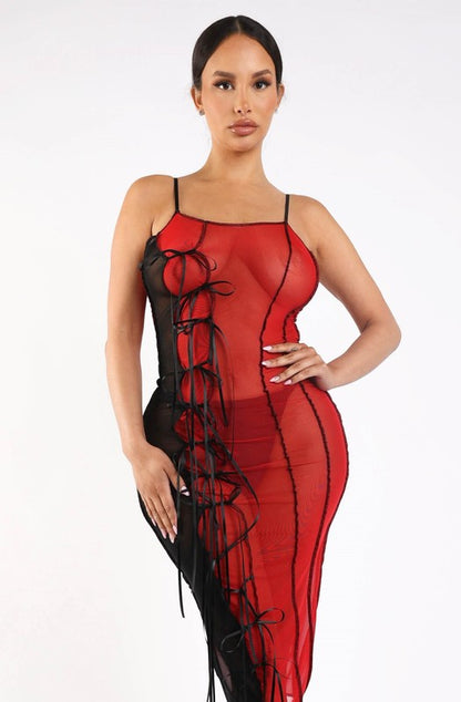 Ribbon Detailed Mesh Dress