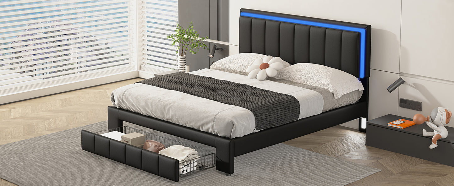 Upholstered Platform Bed with LED Lights and Two Motion Activated Night Lights,Queen Size Storage Bed with Drawer, Black