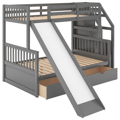 Twin over Full Bunk Bed with Drawers,Storage and Slide, Multifunction, Gray