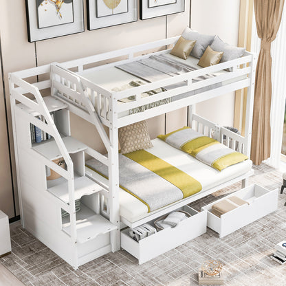 Twin over Full Bunk Bed with Two Drawers and Staircase, Down Bed can be Converted into Daybed,White