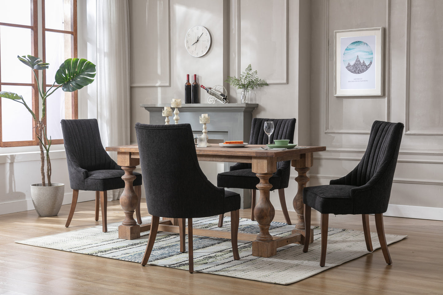 Exquisite Black Linen Fabric Upholstered Strip Back Dining Chair with Solid Wood Legs 2 Pcs