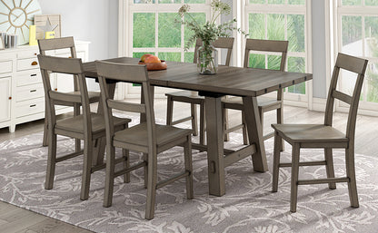 TREXM Retro Industrial Style 7-Piece Dining Table Set Extendable Table with 18” Leaf and Six Wood Chairs 
(Gray)