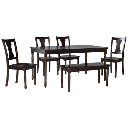 TREXM Classic Dining Set Wooden Table and 4 Chairs with Bench for Kitchen Dining Room, Espresso (Set of 6)