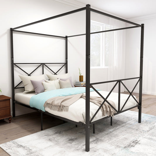 Metal Canopy Bed Frame, Platform Bed Frame Queen with X Shaped Frame Queen Black