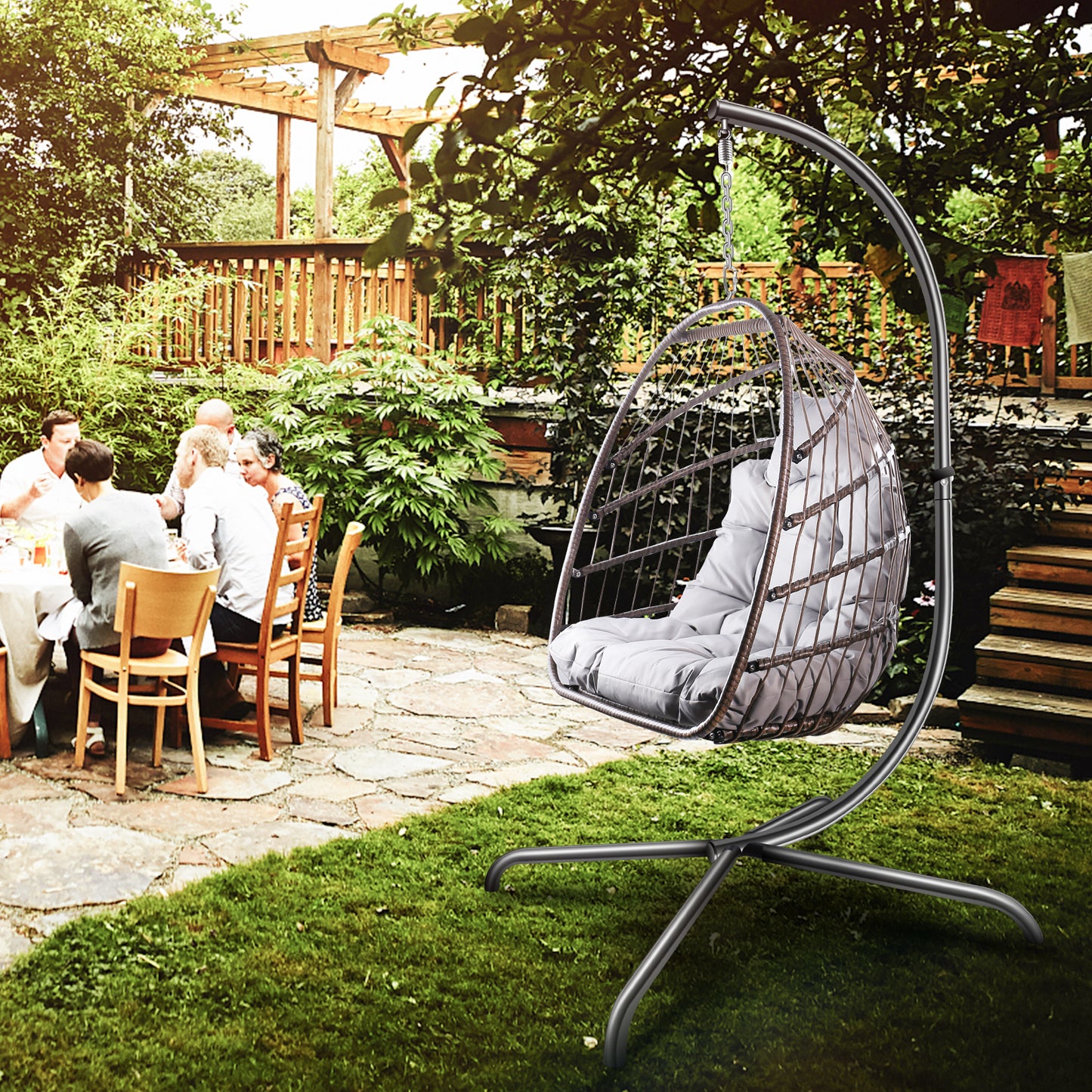 Swing Egg Chair with Stand Indoor Outdoor Wicker Rattan Patio Basket Hanging Chair with C Type bracket , with cushion and pillow,Patio Wicker folding Hanging Chair