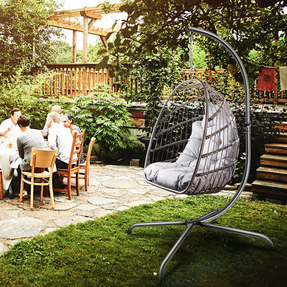 Swing Egg Chair with Stand Indoor Outdoor Wicker Rattan Patio Basket Hanging Chair with C Type bracket , with cushion and pillow,Patio Wicker folding Hanging Chair