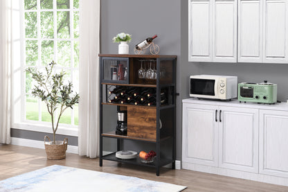 Industrial Bar Cabinet with Wine Rack for Liquor and Glasses, Wood and Metal Cabinet for Home Kitchen Storage Cabinet