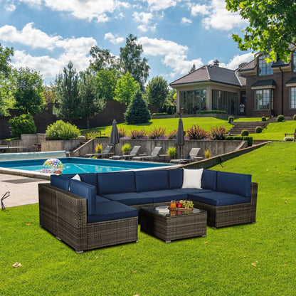 Outdoor Garden Patio Furniture 7-Piece Dark Gray PE Rattan Wicker Sectional Navy Cushioned Sofa Sets with 2 Begie Pillows