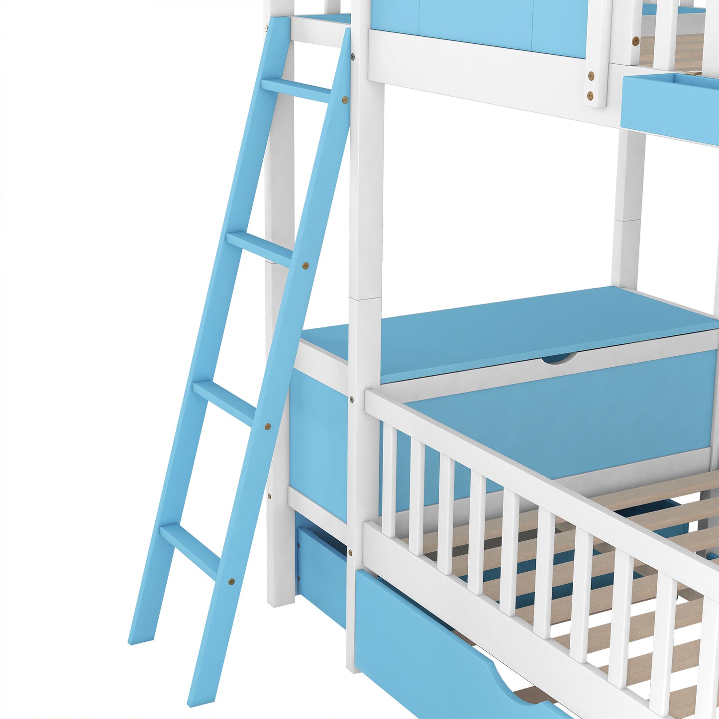 Twin over Twin Bunk Bed with Twin Size Trundle , Farmhouse Bed with Storage Box and Drawer - Blue