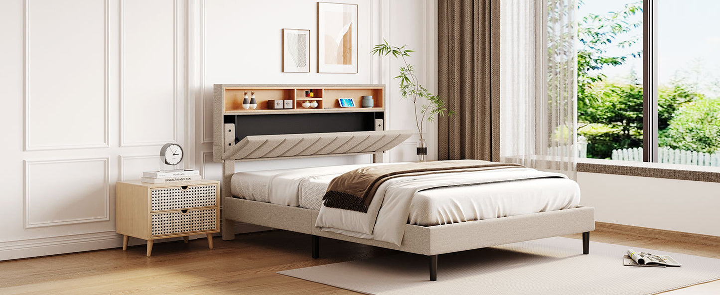 Queen Size Upholstered Platform Bed with Storage Headboard and USB Port,  Linen Fabric Upholstered Bed (Beige)