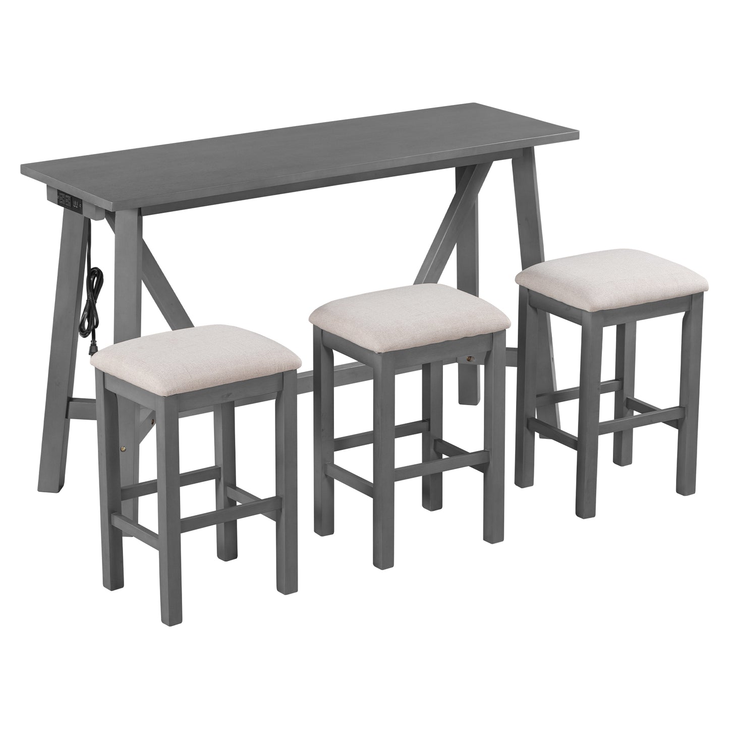 TREXM Multipurpose Home Kitchen Dining Bar Table Set with 3 Upholstered Stools(Gray)