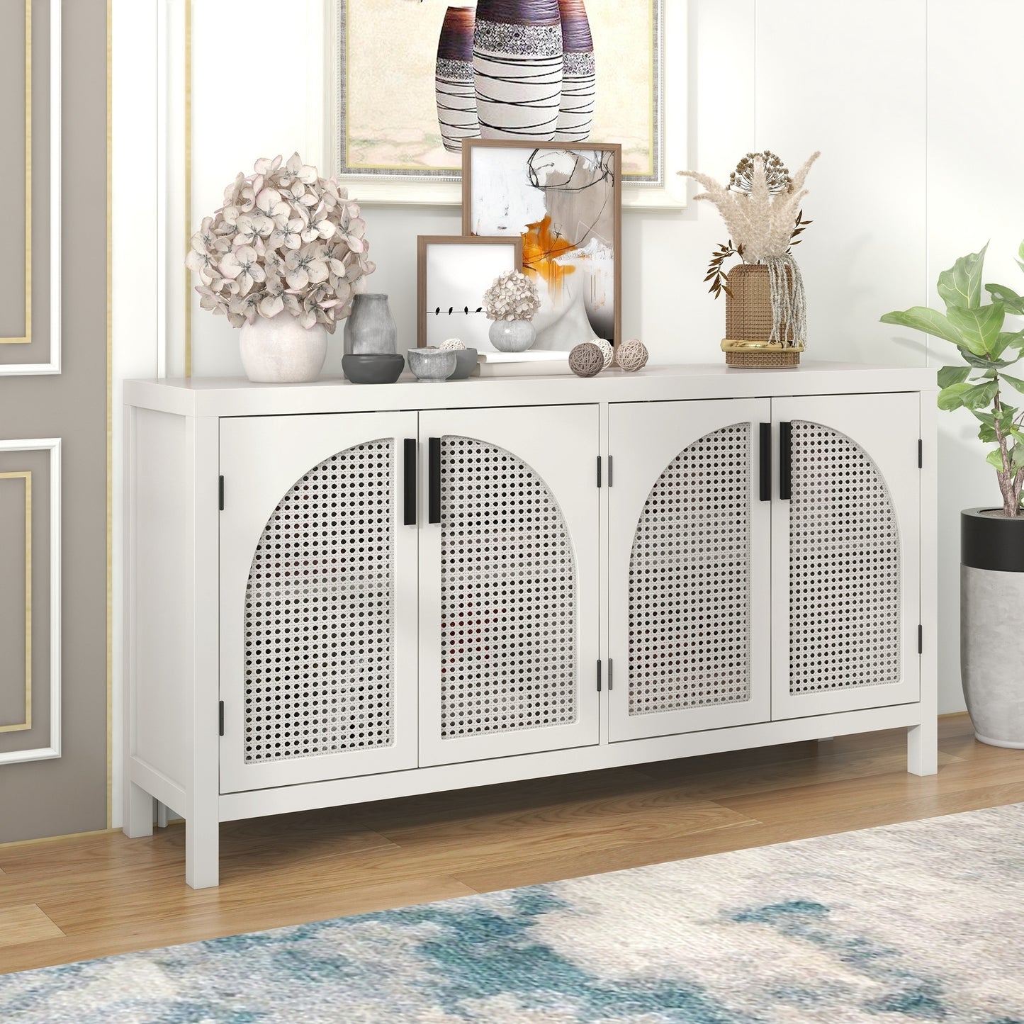 TREXM Large Storage Space Sideboard with Artificial Rattan Door and metal handles for Living Room and Entryway (White)