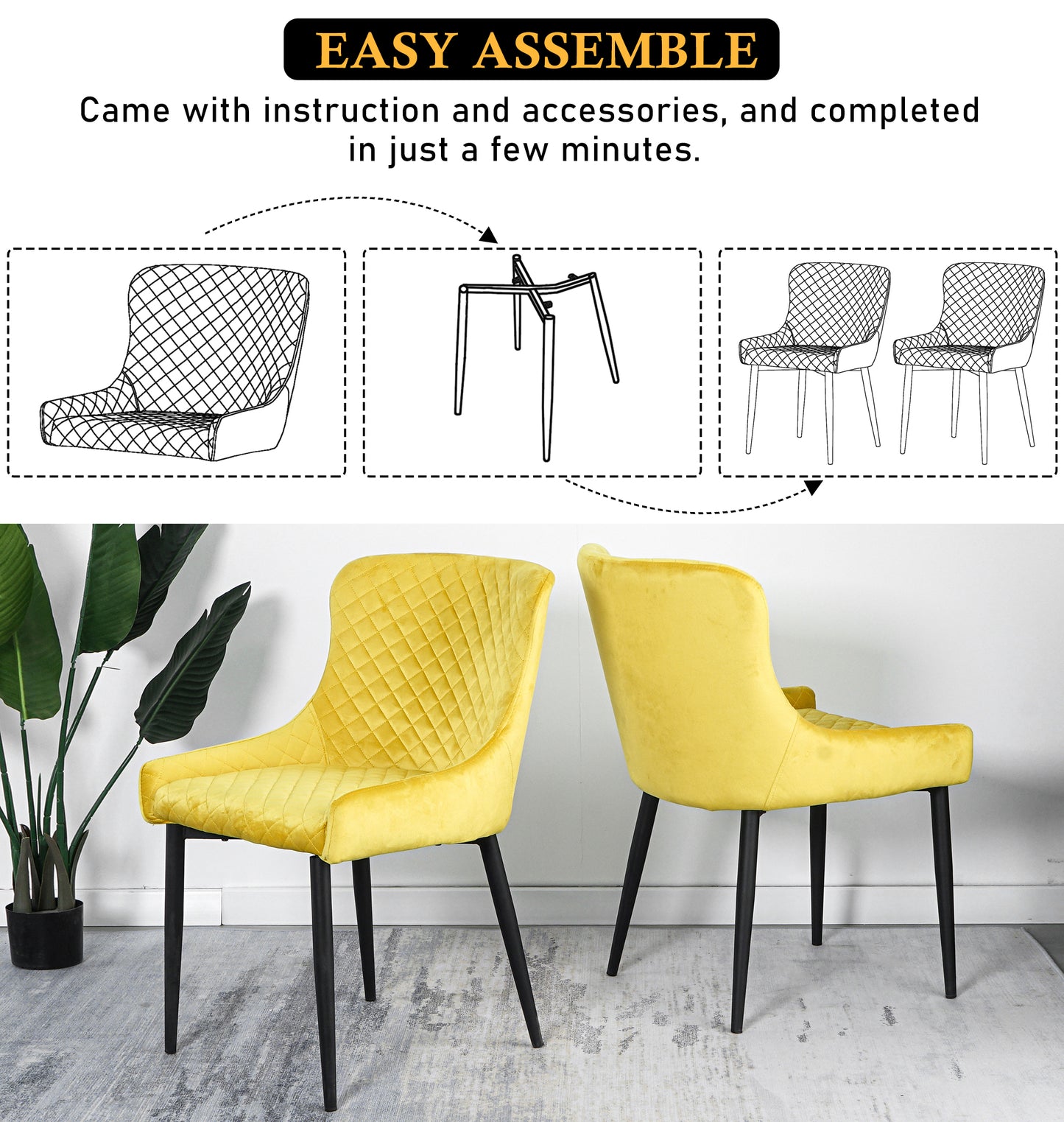 Cheap modern dining room furniture metal tube legs fabric yellow dining chair(set of 2)