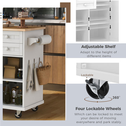 K&K kitchen island cart with Spice Rack, Towel Rack & Drawer,Rubber wood desktop,5 wheels including 4 lockable wheels,52.8inch width (White)