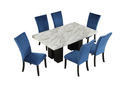 7-piece Dining Table Set with 1 Faux Marble Dining Rectangular Table and 6 Upholstered-Seat Chairs ,for Dining room and Living Room ,Blue