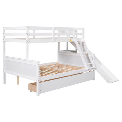 Twin over Full Bunk Bed with 2 Drawers,Slide,Shelves White