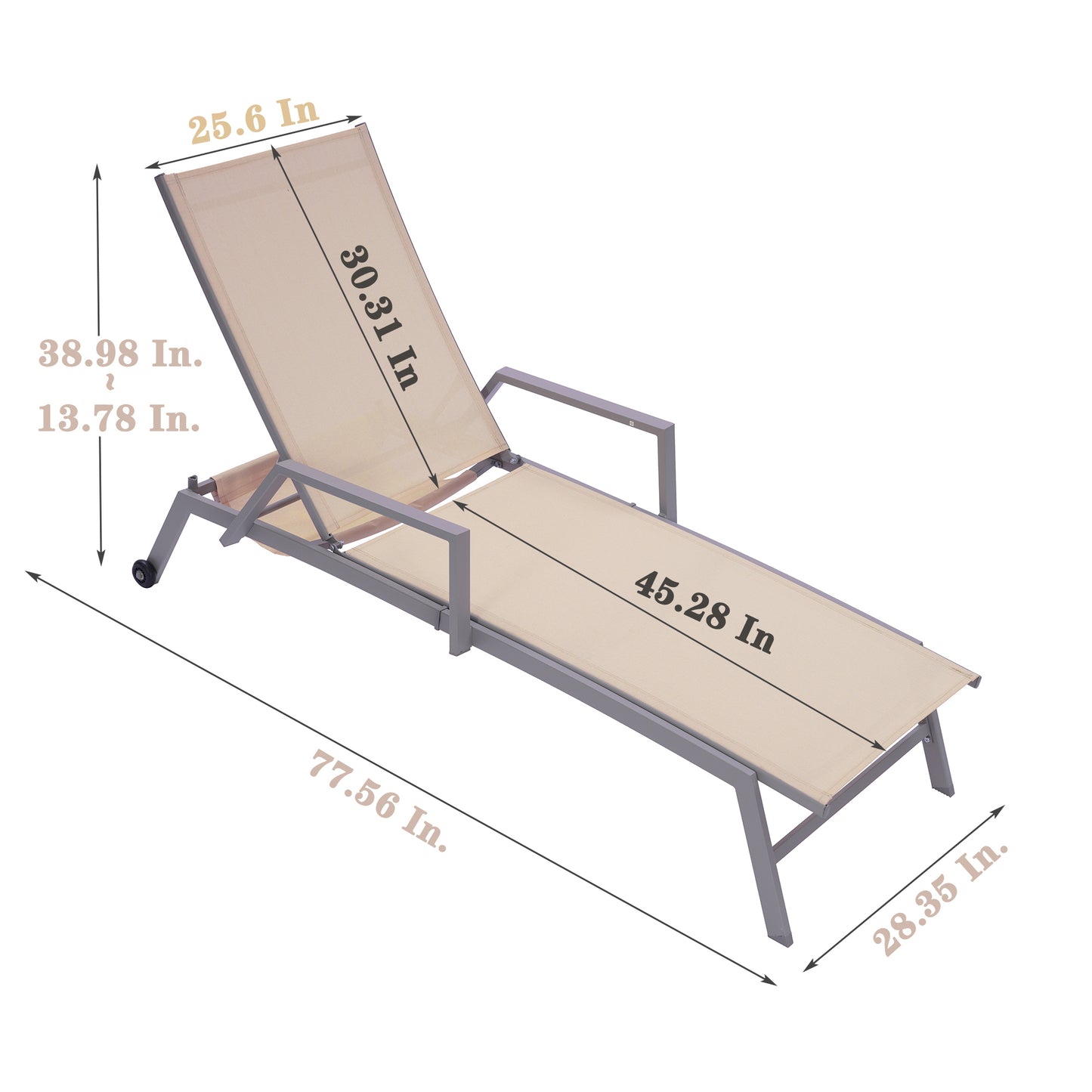 Patio Lounge Chair, Textilene Steel Pool Lounge Chair, Patio Chaise Lounge With Armrests And Wheels For Patio Backyard Porch Garden Poolside