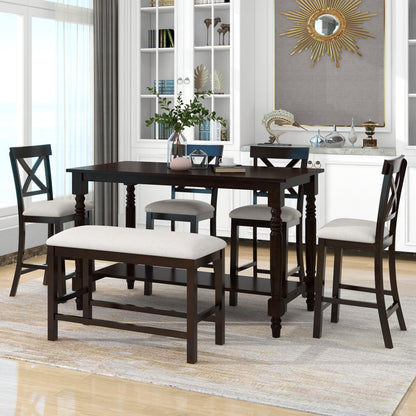 TREXM 6-Piece Counter Height Dining Table Set Table with Shelf 4 Chairs and Bench for Dining Room (Espresso)