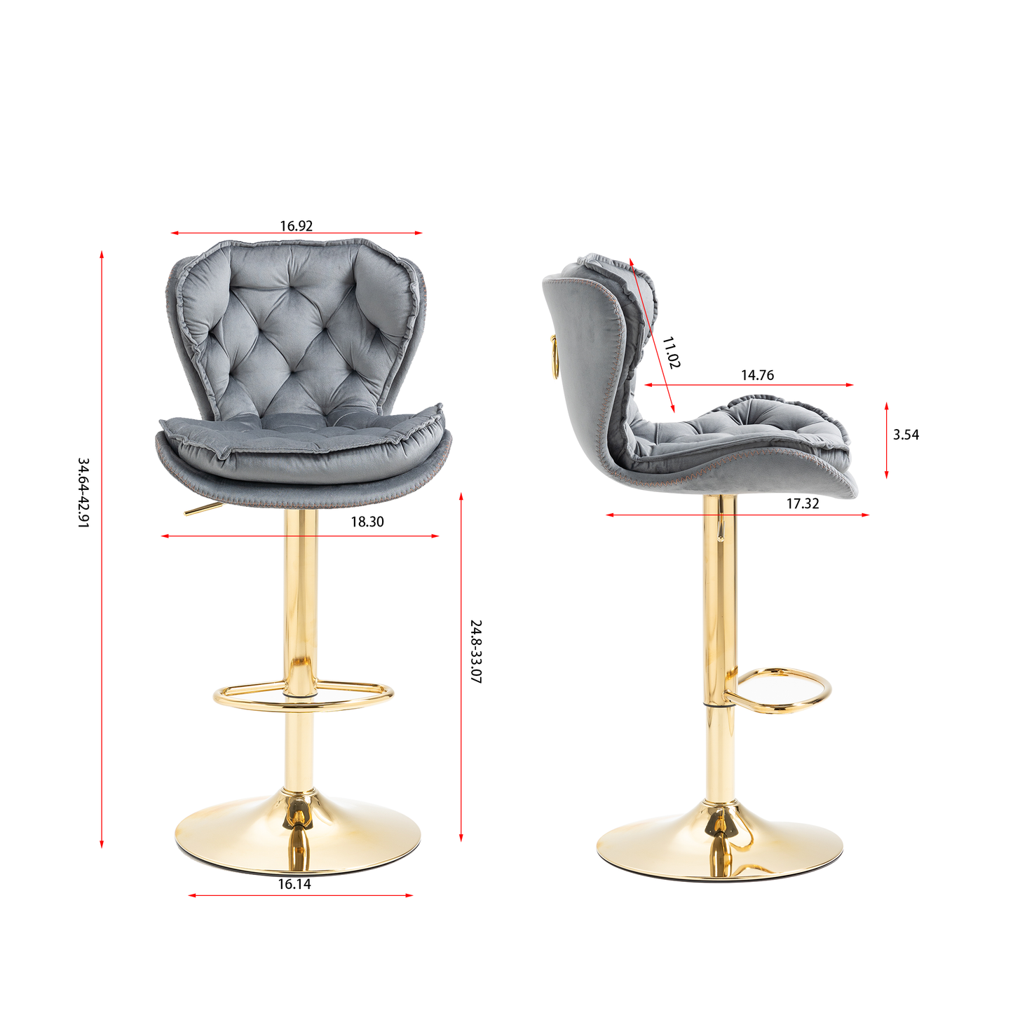 Set of 2  Bar Stools,with Chrome Footrest and Base Swivel Height Adjustable Mechanical Lifting Velvet + Golden Leg Simple Bar Stool-gray