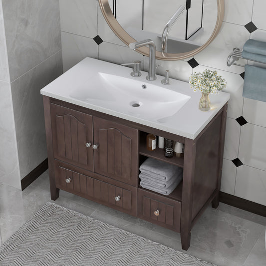 [VIDEO] 36" Bathroom Vanity with Ceramic Basin, Bathroom Storage Cabinet with Two Doors and Drawers, Solid Frame, Metal Handles, Brown