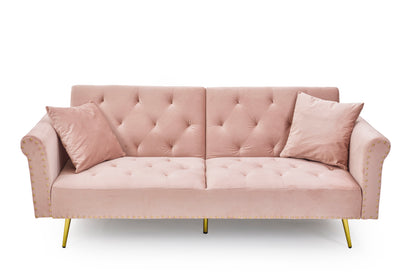 [New+Video]Pink velvet nail head sofa bed with throw pillow and midfoot