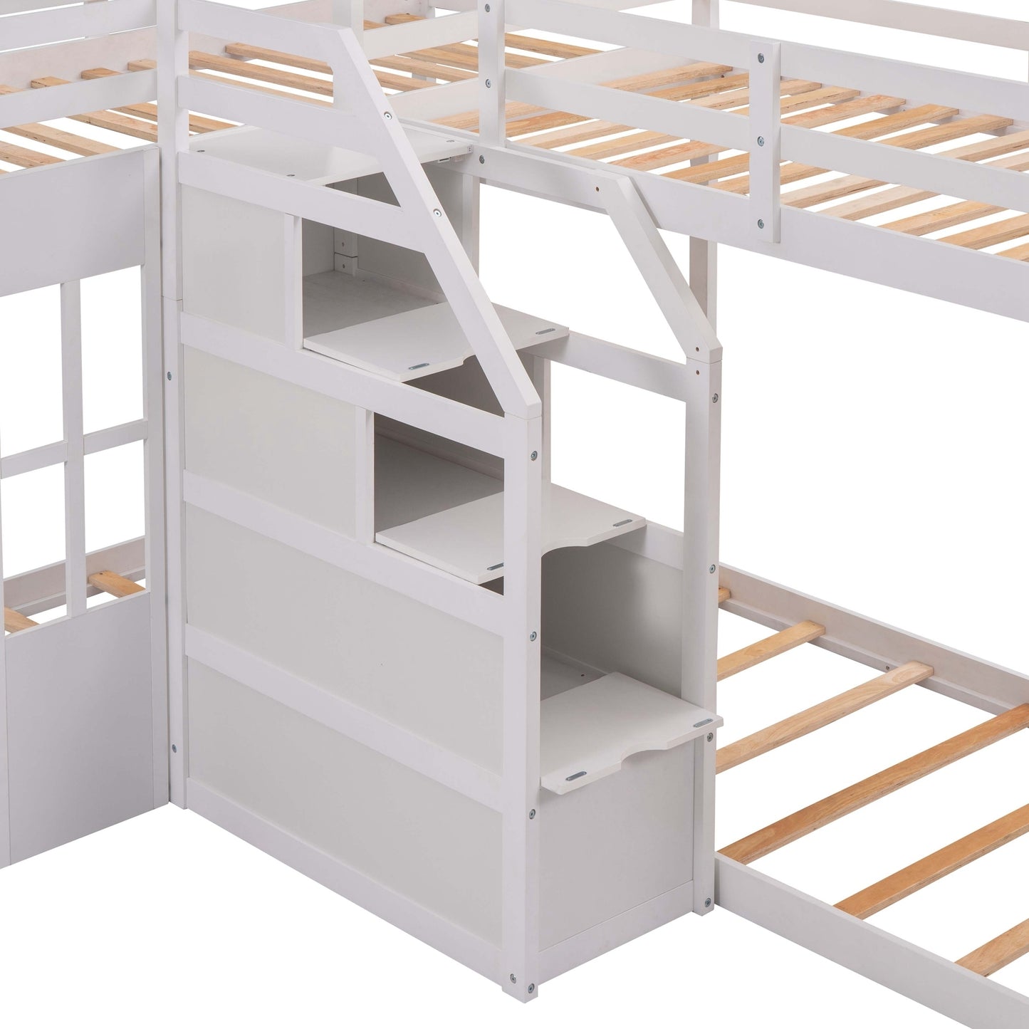 Twin over Twin L-Shaped Bunk Bed with Built-in Middle Staircase,White