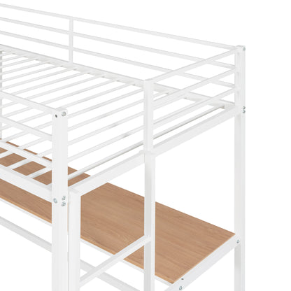 Twin Metal Loft Bed with Desk and Shelve,White