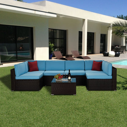 Outdoor Garden Patio Furniture 7-Piece Brown PE Rattan Wicker Sectional Blue Cushioned Sofa Sets with 2 Red Pillows