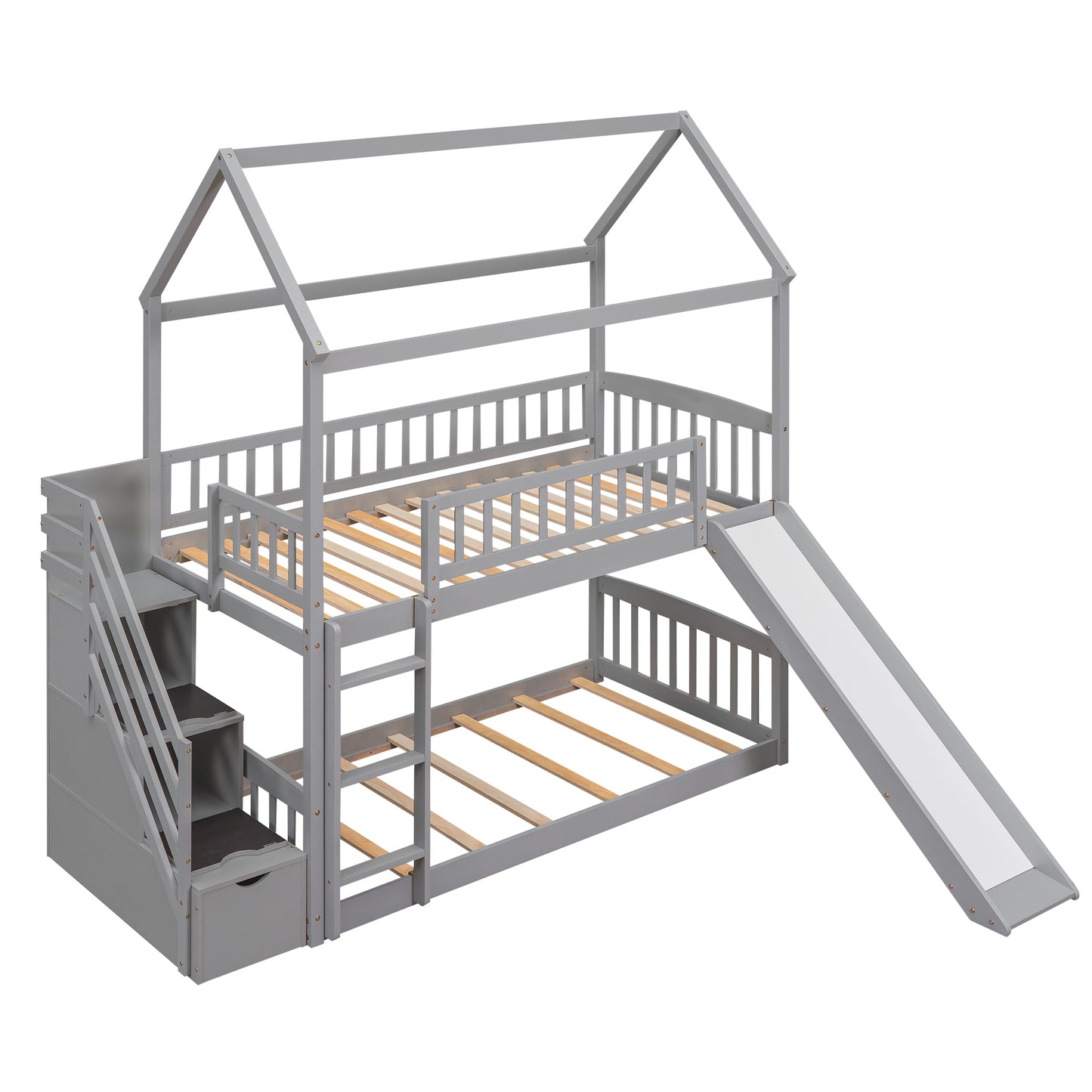 Twin Over Twin Bunk Bed with Drawers and Slide, House Bed with Slide,Gray(OLD SKU :LT000215AAE)