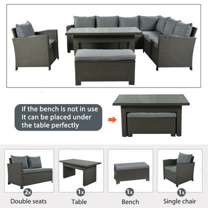 U_STYLE Patio Furniture Set, 6 Piece Outdoor Conversation Set, Dining Table Chair with Bench and Cushions(As same as WY000262AAE)