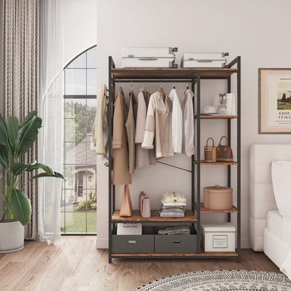 JHX Organized Garment Rack with Storage, Free-Standing Closet System with Open Shelves and Hanging Rod(Rustic Brown,43.7’’w x 15.75’’d x 70.08’’h).