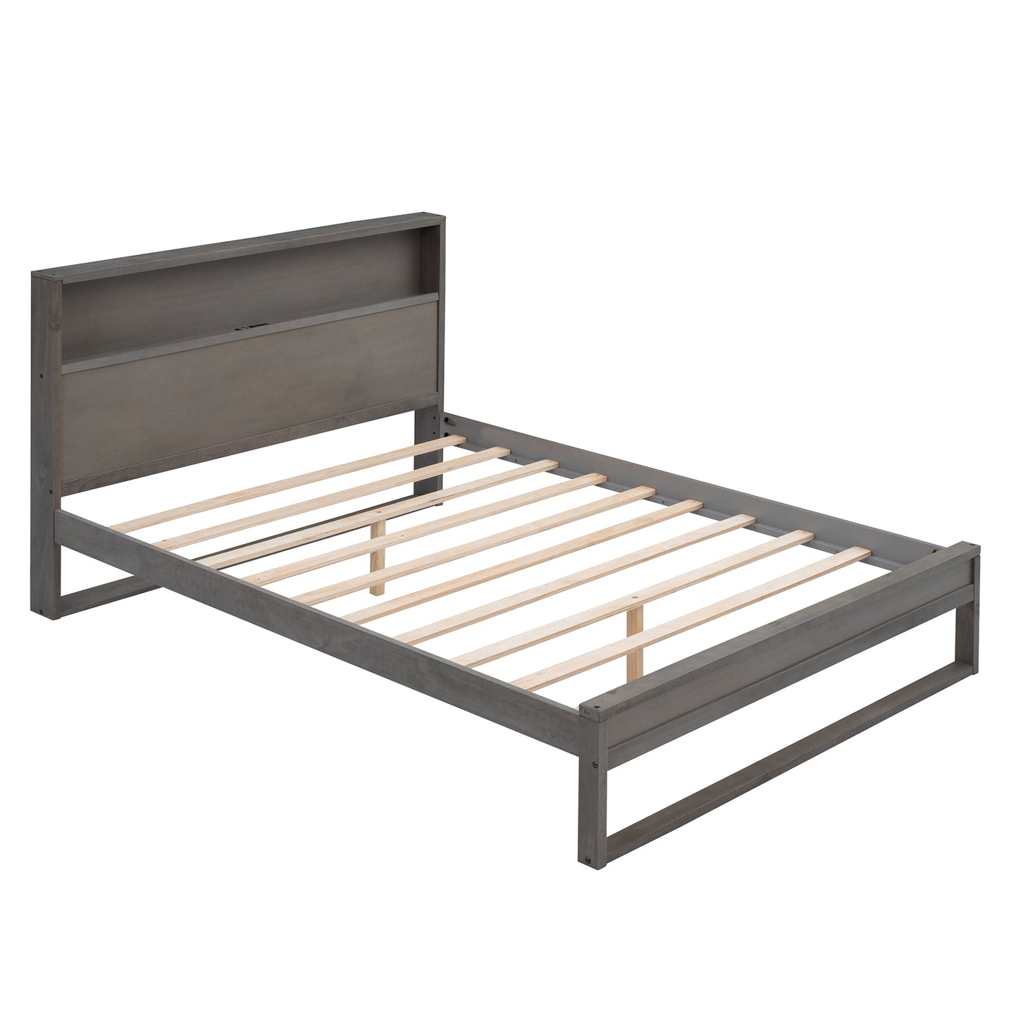 Platform Bed with Storage Headboard,Sockets and USB Ports,Queen Size Platform Bed,Antique Gray