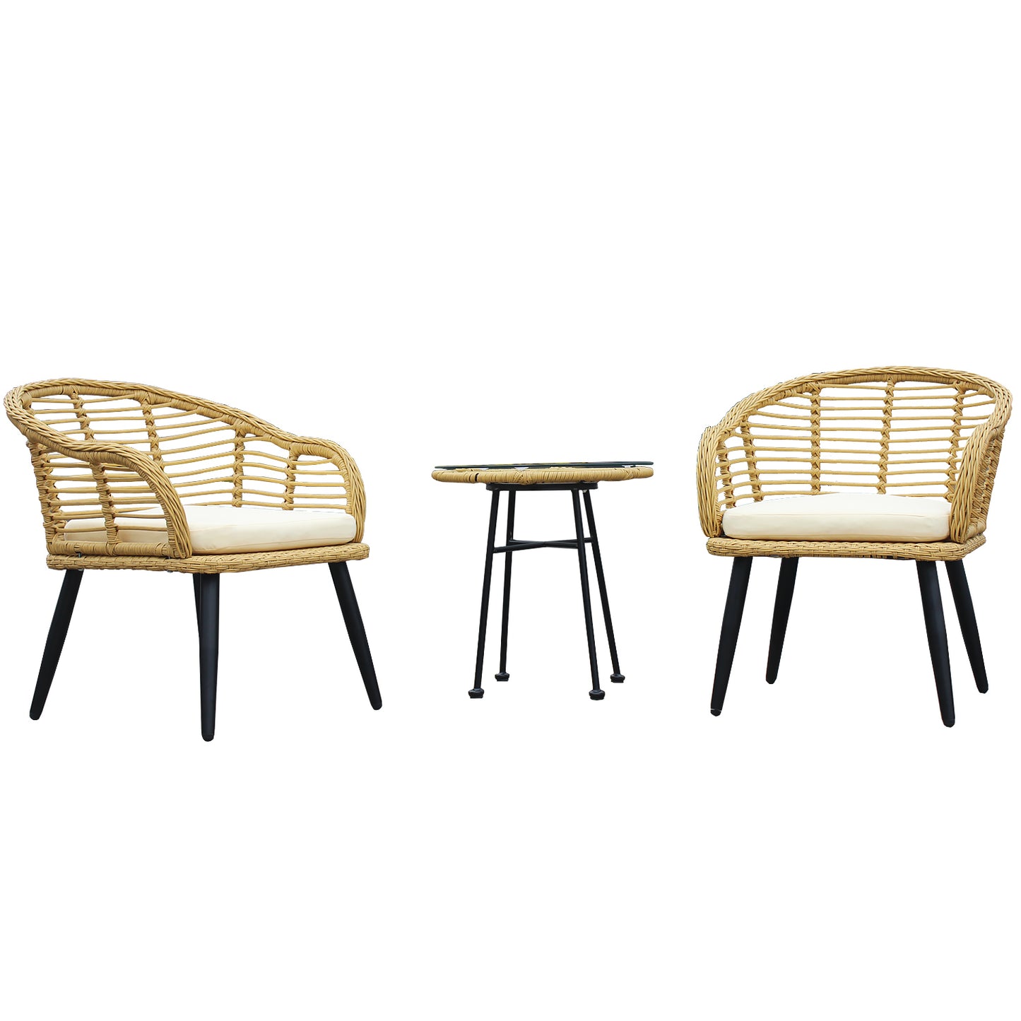 3 Pieces Outdoor Patio Balcony Natural Yellow Wicker Chair Table Set with Beige Cushion and Tempered Glass Table Top