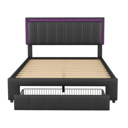 Upholstered Platform Bed with LED Lights and Two Motion Activated Night Lights,Queen Size Storage Bed with Drawer, Black