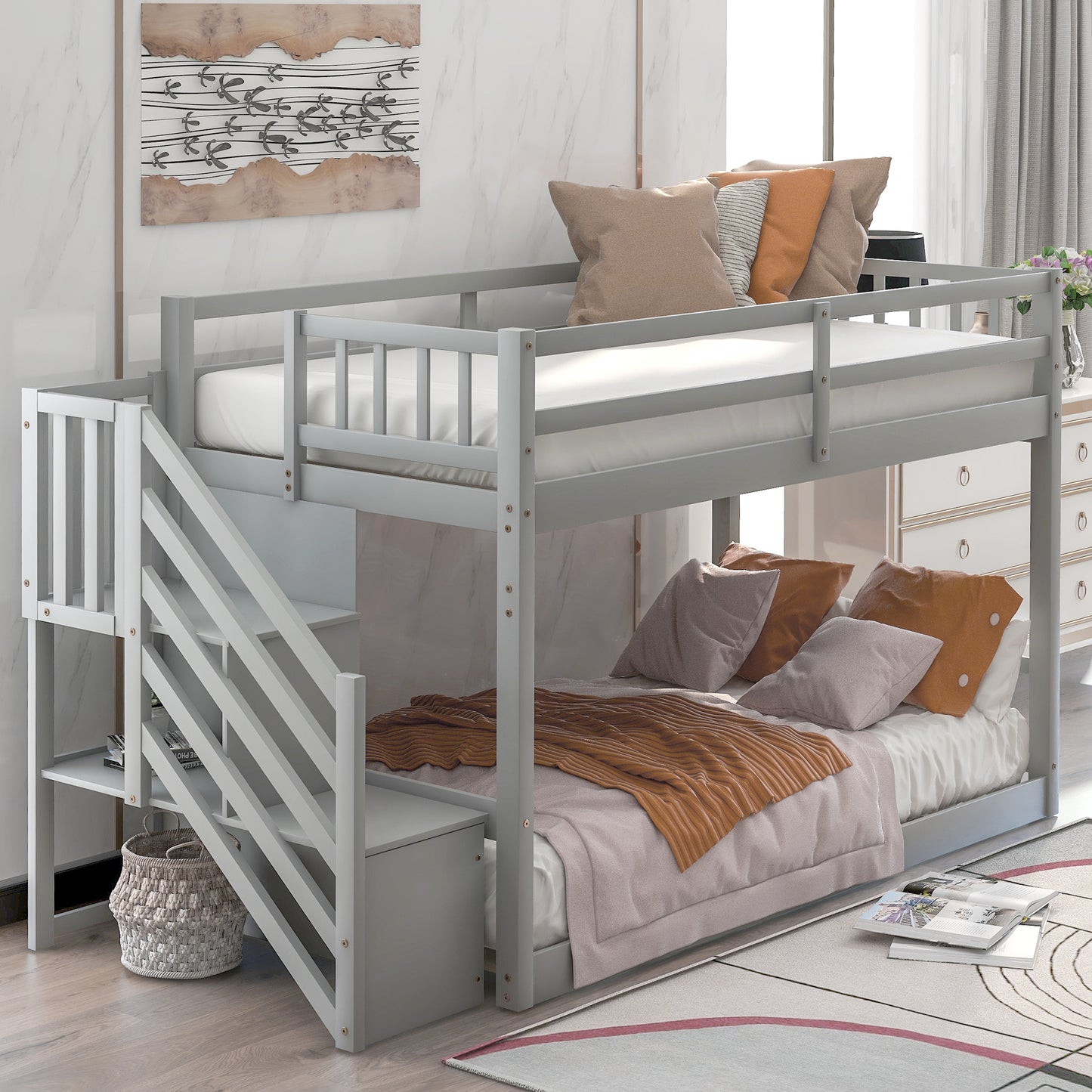 Twin over Twin Floor Bunk Bed, Ladder with Storage, Gray