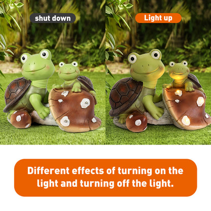 Garden Statue Cute Frog Face Turtles Figurines,Solar Powered Resin Animal Sculpture with 3 Led Lights for Patio,Lawn