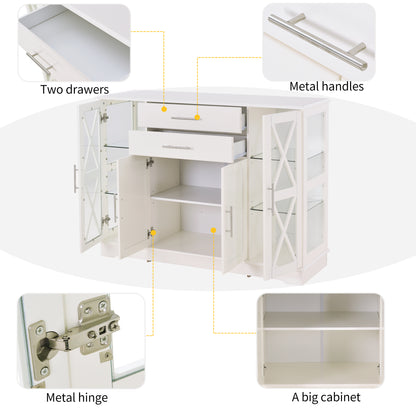 TREXM Stylish Functional Sideboard with Tempered Glass Large Storage Space Adjustable shelves Buffet (White)