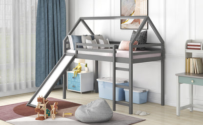 Twin Size Loft Bed with Slide, House Bed with Slide,Gray(OLD SKU :WF281158AAE)