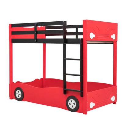 Twin Size Car-Shaped Bunk Bed with Wheels, Red