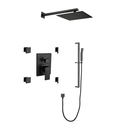 Shower System 10Inch Square Bathroom Luxury Rain Mixer Shower Combo Set Pressure Balanced Shower System with Shower Head, Hand Shower, Slide Bar, Shower Arm, Hose, and Valve Trim