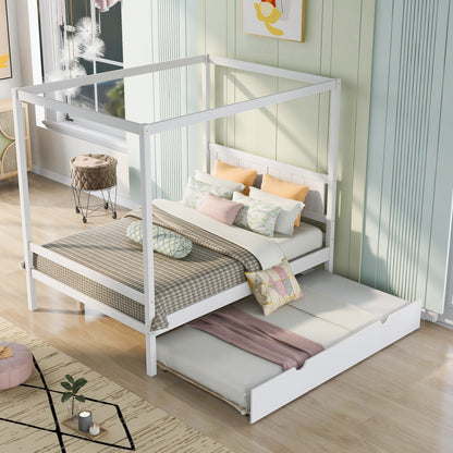 Full Size Canopy Platform Bed with Trundle,With Slat Support Leg,White