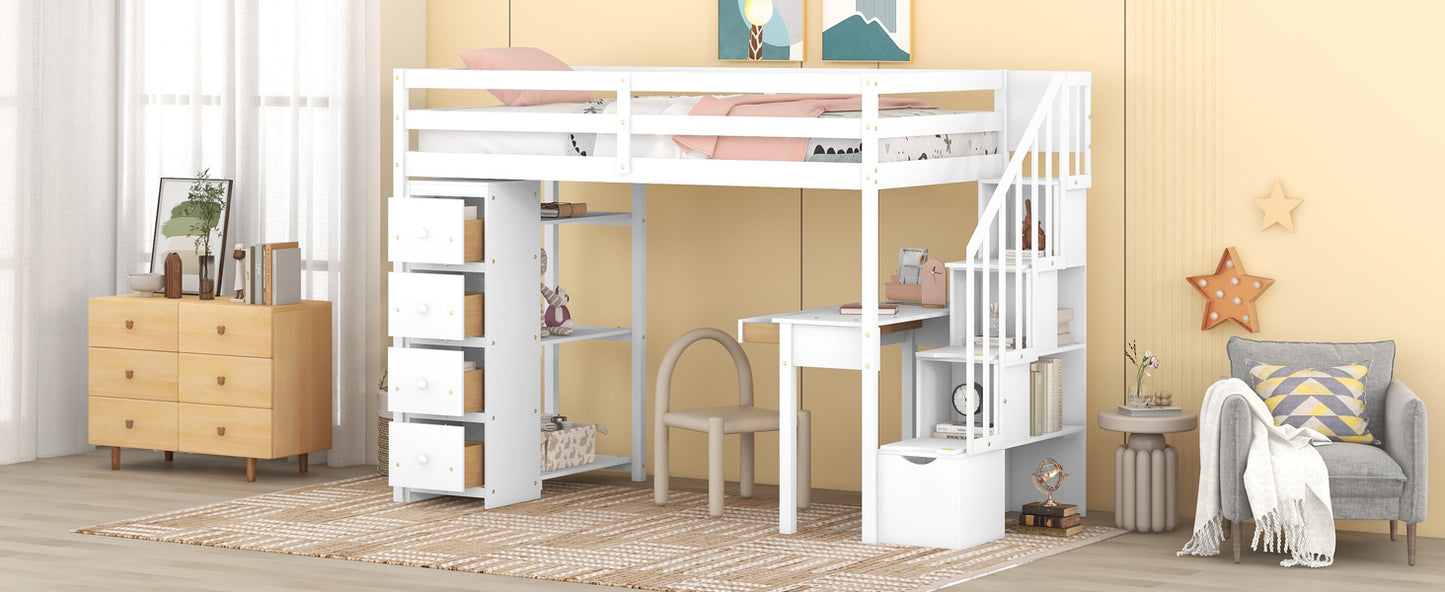 Twin size Loft Bed with Storage Drawers ,Desk and Stairs, Wooden Loft Bed with Shelves - White